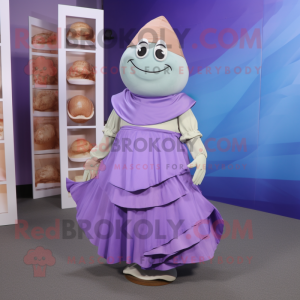 Lavender Oyster mascot costume character dressed with a Wrap Dress and Belts