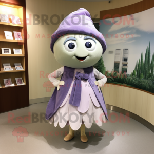 Lavender Oyster mascot costume character dressed with a Wrap Dress and Belts