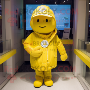 Lemon Yellow Bracelet mascot costume character dressed with a Parka and Hat pins