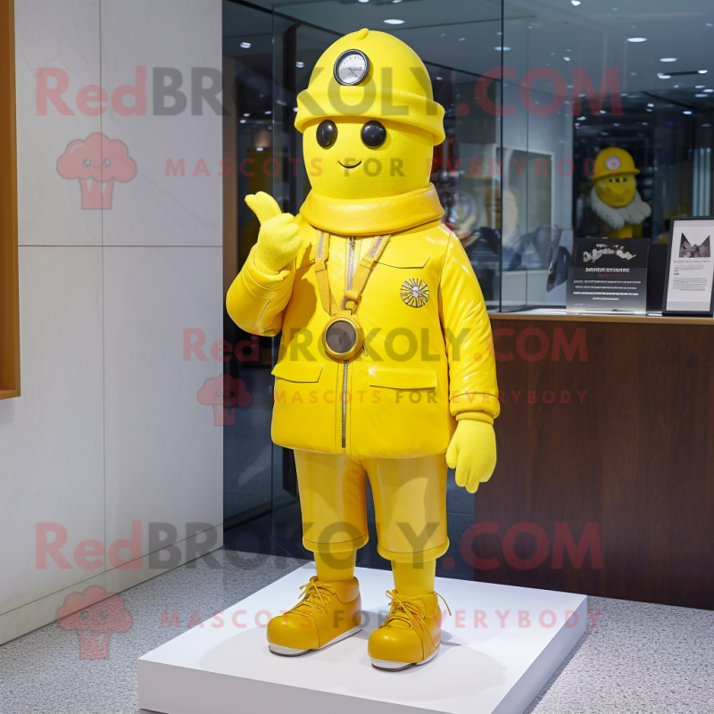 Lemon Yellow Bracelet mascot costume character dressed with a Parka and Hat pins Lemon Yellow Bracelet mascot costume character dressed with a Parka and Hat pins