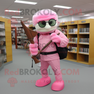Pink Sniper mascot costume character dressed with a Suit Pants and Reading glasses