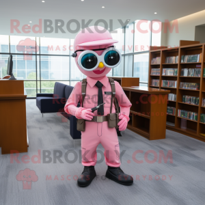 Pink Sniper mascot costume character dressed with a Suit Pants and Reading glasses