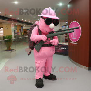 Pink Sniper mascot costume character dressed with a Suit Pants and Reading glasses