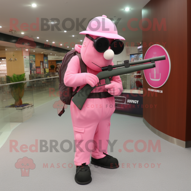 Pink Sniper mascot costume character dressed with a Suit Pants and Reading glasses Pink Sniper mascot costume character dressed with a Suit Pants and Reading glasses