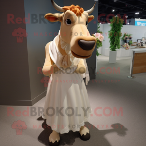Tan Jersey Cow mascot costume character dressed with a Wedding Dress and Shoe laces