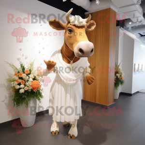 Tan Jersey Cow mascot costume character dressed with a Wedding Dress and Shoe laces