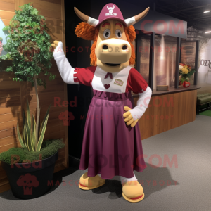 Maroon Guernsey Cow mascot costume character dressed with a Maxi Skirt and Caps