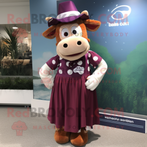 Maroon Guernsey Cow mascot costume character dressed with a Maxi Skirt and Caps