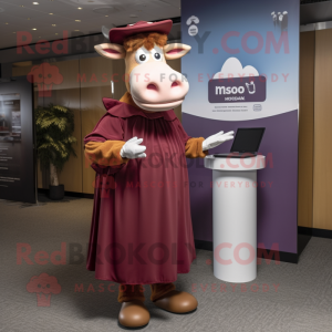 Maroon Guernsey Cow mascot costume character dressed with a Maxi Skirt and Caps