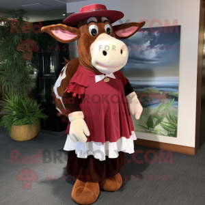 Maroon Guernsey Cow mascot costume character dressed with a Maxi Skirt and Caps