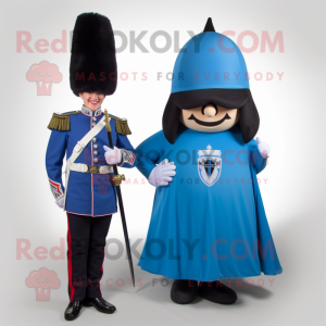 Blue British Royal Guard mascot costume character dressed with a Maxi Dress and Rings