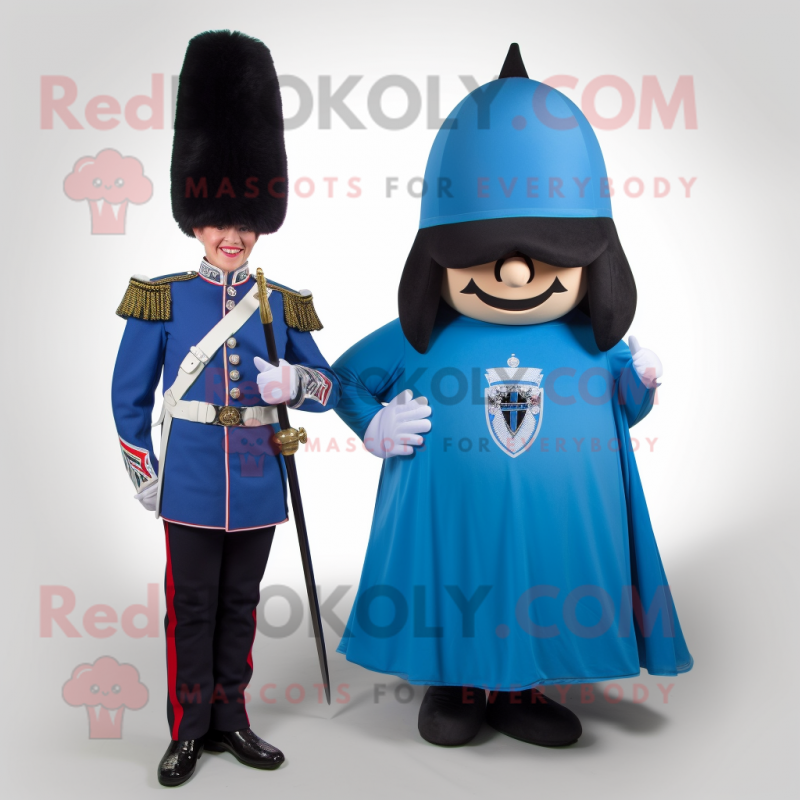 Blue British Royal Guard mascot costume character dressed with a Maxi Dress and Rings Blue British Royal Guard mascot costume character dressed with a Maxi Dress and Rings