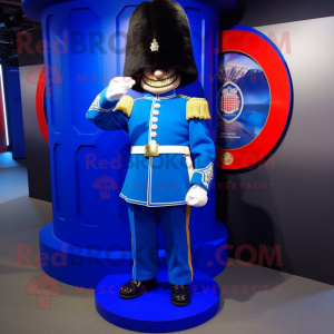 Blue British Royal Guard mascot costume character dressed with a Maxi Dress and Rings