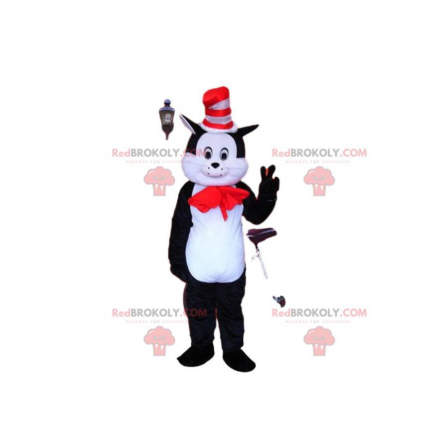 Černá a bílá kočka maskot s kloboukem, kostým kocour -
