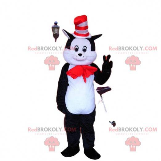Zwart-witte kat mascotte met hoed, kater kostuum -