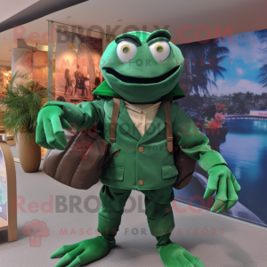 Forest Green Crab mascot costume character dressed with a Blazer and Messenger bags