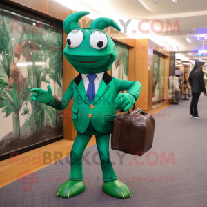 Forest Green Crab mascot costume character dressed with a Blazer and Messenger bags