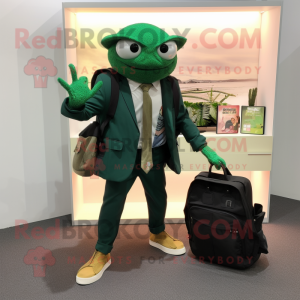 Forest Green Crab mascot costume character dressed with a Blazer and Messenger bags