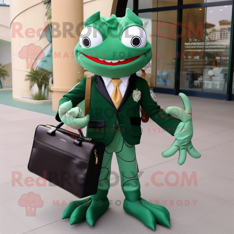 Forest Green Crab mascot costume character dressed with a Blazer and Messenger bags Forest Green Crab mascot costume character dressed with a Blazer and Messenger bags
