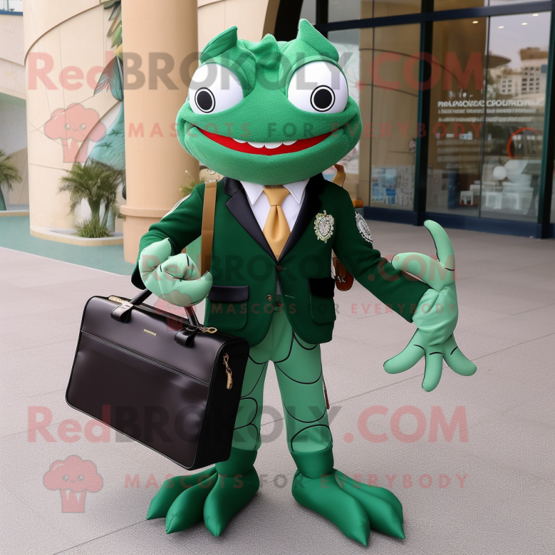 Forest Green Crab mascot costume character dressed with a Blazer and Messenger bags