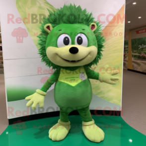 Green Hedgehog mascot costume character dressed with a Tank Top and Foot pads