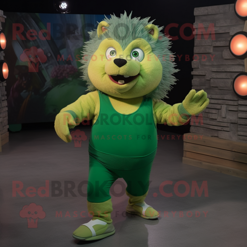 Green Hedgehog mascot costume character dressed with a Tank Top and Foot pads