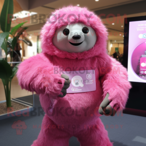 Pink Giant Sloth mascot costume character dressed with a Cardigan and Smartwatches