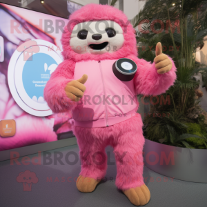 Pink Giant Sloth mascot costume character dressed with a Cardigan and Smartwatches