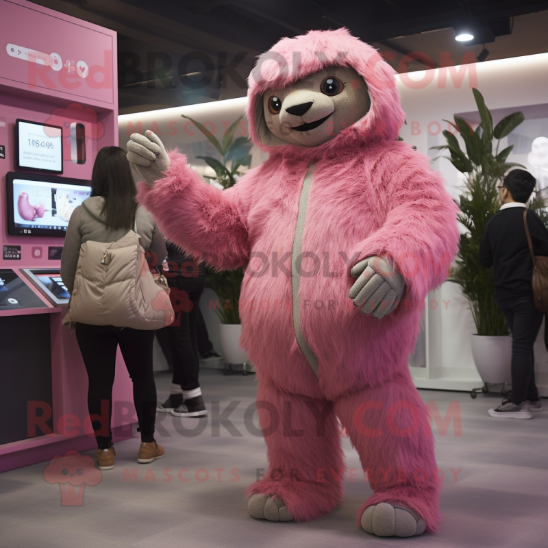 Pink Giant Sloth mascot costume character dressed with a Cardigan and Smartwatches