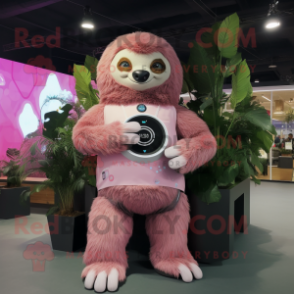 Pink Giant Sloth mascot costume character dressed with a Cardigan and Smartwatches