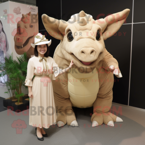 Beige Triceratops mascot costume character dressed with a Wrap Dress and Berets