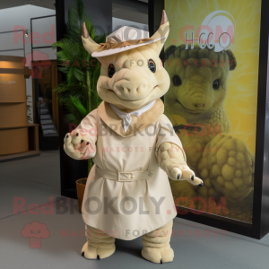 Beige Triceratops mascot costume character dressed with a Wrap Dress and Berets