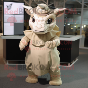Beige Triceratops mascot costume character dressed with a Wrap Dress and Berets