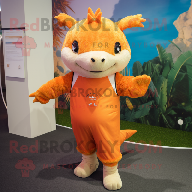 Orange Axolotls mascot costume character dressed with a Running Shorts and Mittens