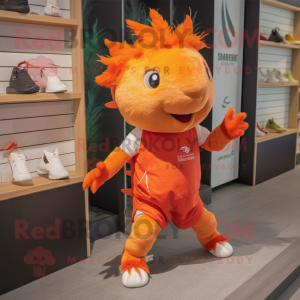 Orange Axolotls mascot costume character dressed with a Running Shorts and Mittens
