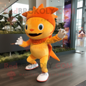 Orange Axolotls mascot costume character dressed with a Running Shorts and Mittens