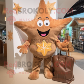 Brown Starfish mascot costume character dressed with a Jumpsuit and Handbags