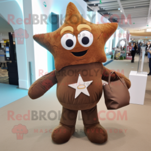 Brown Starfish mascot costume character dressed with a Jumpsuit and Handbags