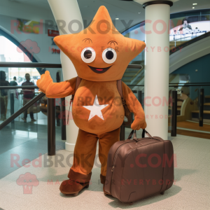 Brown Starfish mascot costume character dressed with a Jumpsuit and Handbags