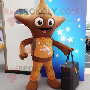 Brown Starfish mascot costume character dressed with a Jumpsuit and Handbags