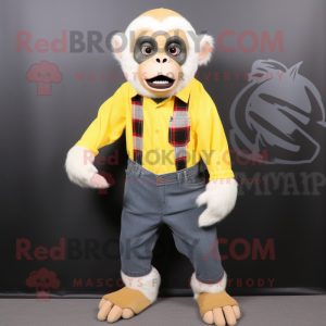 Lemon Yellow Capuchin Monkey mascot costume character dressed with a Flannel Shirt and Shoe clips