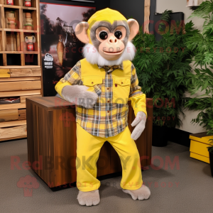 Lemon Yellow Capuchin Monkey mascot costume character dressed with a Flannel Shirt and Shoe clips