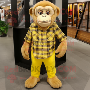 Lemon Yellow Capuchin Monkey mascot costume character dressed with a Flannel Shirt and Shoe clips