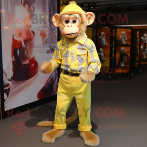 Lemon Yellow Capuchin Monkey mascot costume character dressed with a Flannel Shirt and Shoe clips