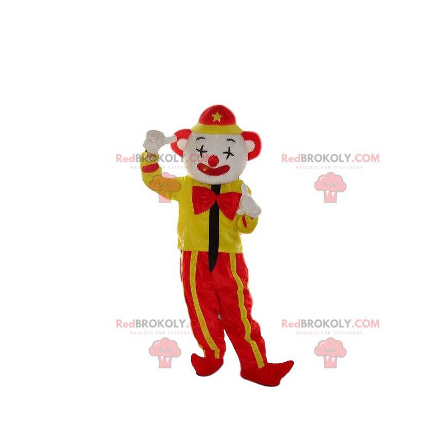 Żółta i czerwona maskotka klauna, maskotka cyrku -