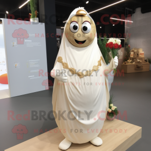 Beige Shakshuka mascot costume character dressed with a Wedding Dress and Brooches