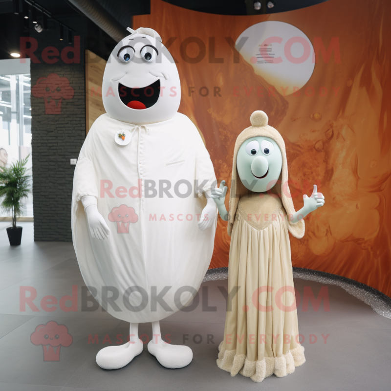 Beige Shakshuka mascot costume character dressed with a Wedding Dress and Brooches Beige Shakshuka mascot costume character dressed with a Wedding Dress and Brooches