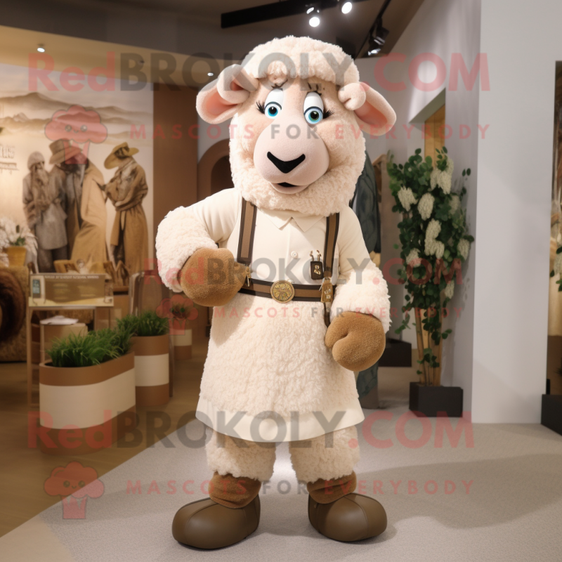 Beige Sheep mascot costume character dressed with a Sheath Dress and Headbands Beige Sheep mascot costume character dressed with a Sheath Dress and Headbands