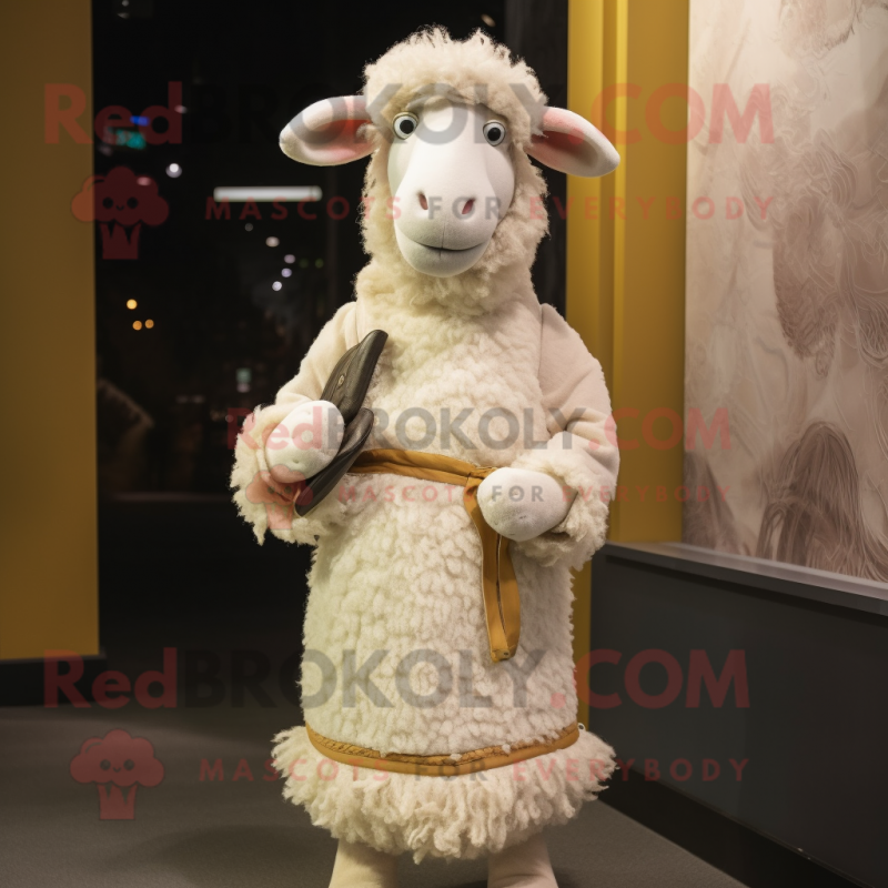 Beige Sheep mascot costume character dressed with a Sheath Dress and Headbands