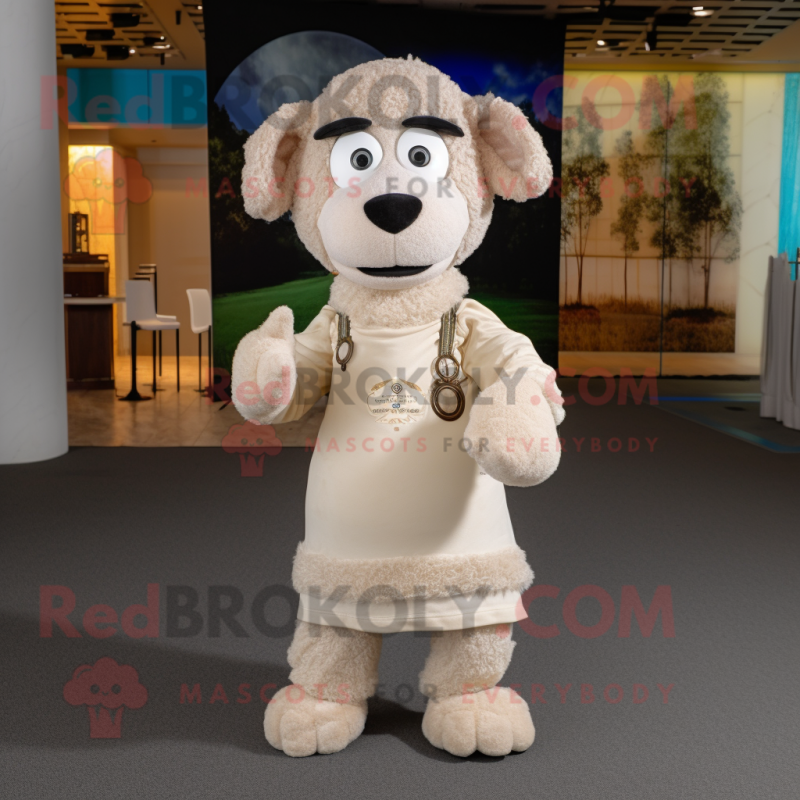 Beige Sheep mascot costume character dressed with a Sheath Dress and Headbands